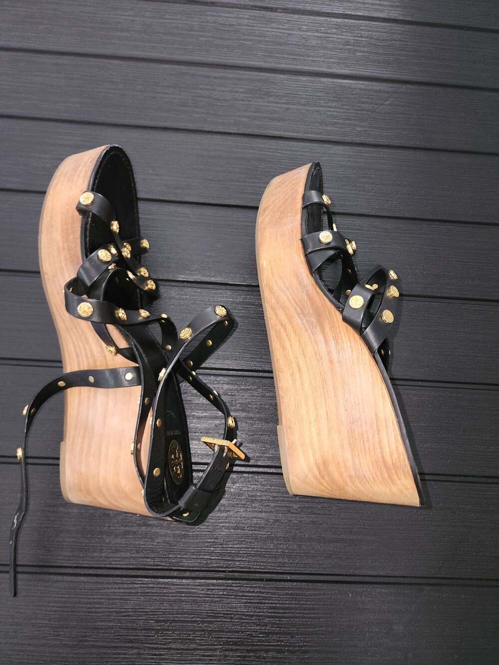Tory Burch Studded Wood Platform Wedges Black Leather Strappy Sandals - Picture 6 of 8